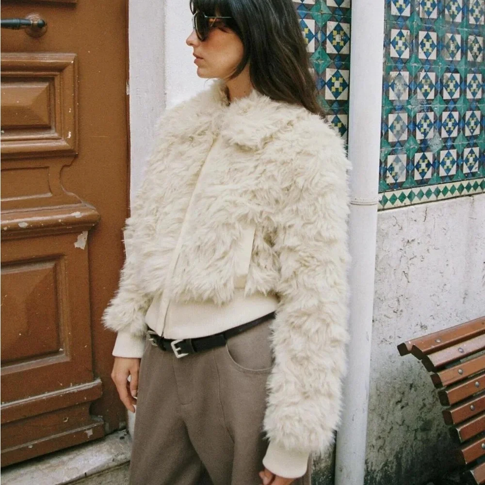 Zara Faux Fur Bomber NWT Jacket Ecru 3046/028/712 Cream XS mob wife old money - Picture 8 of 17